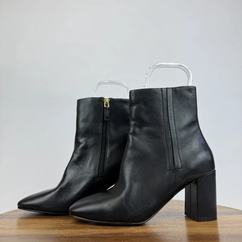 Womens Cole Haan Chrystie Square Toe Black Leather 75mm Ankle Booties Size 6.5 B